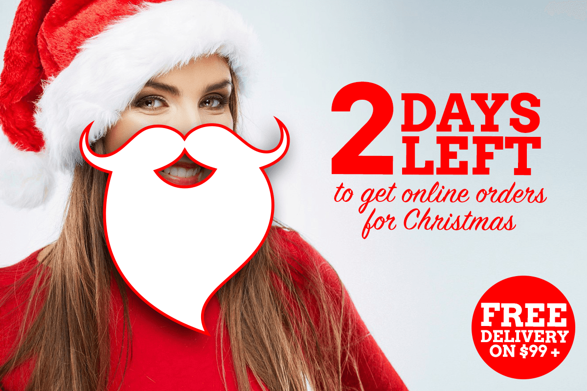 A woman is wearing a santa hat and a beard with the words 2 days left to get online orders for christmas