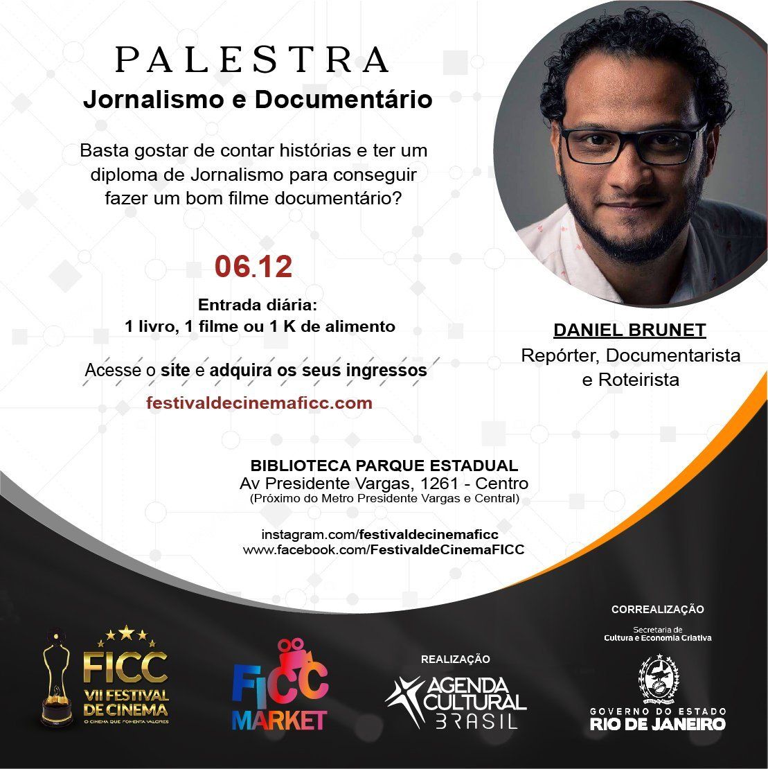 A poster for palestra jornalismo e documentario with a man wearing glasses