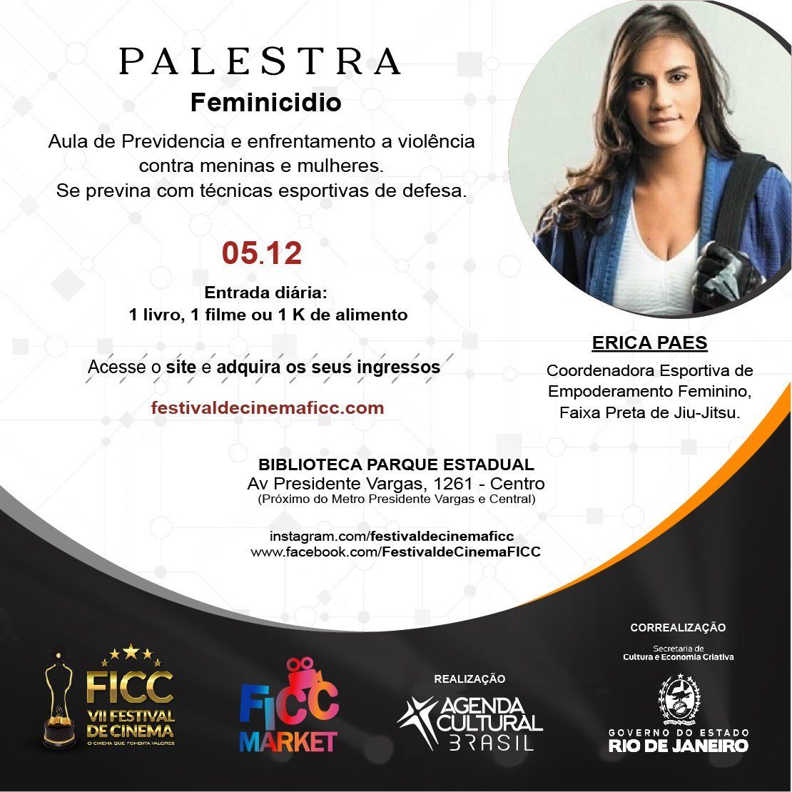 Um cartaz para a palestra femininicida mostra uma mulher segurando uma câmera