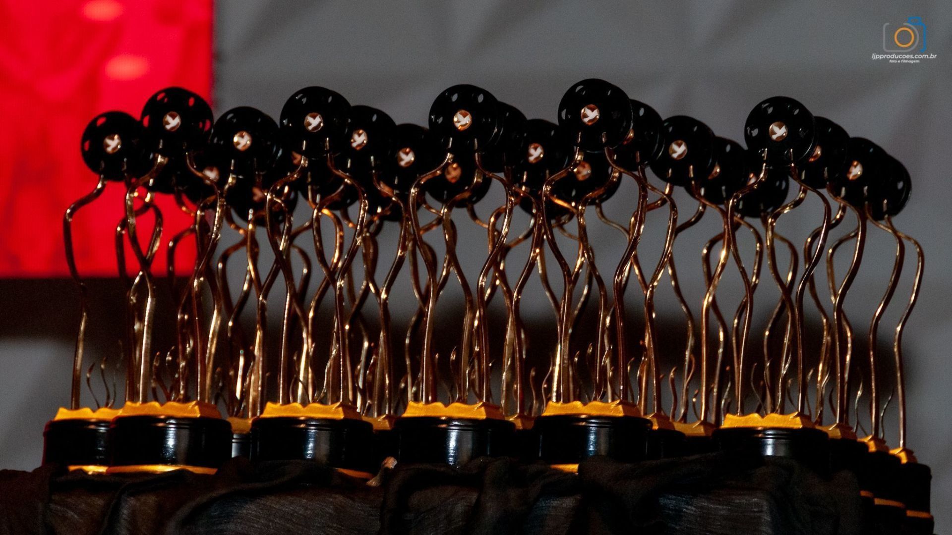 Vários troféus estão alinhados em uma fileira
