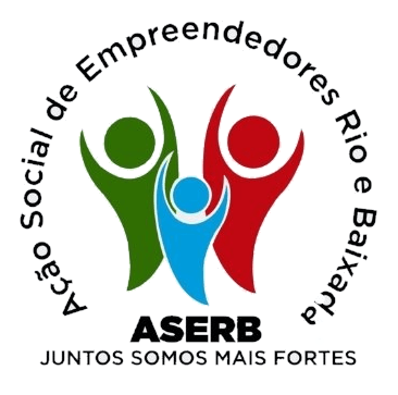 Um logotipo para aserb mostra três pessoas com as mãos no ar