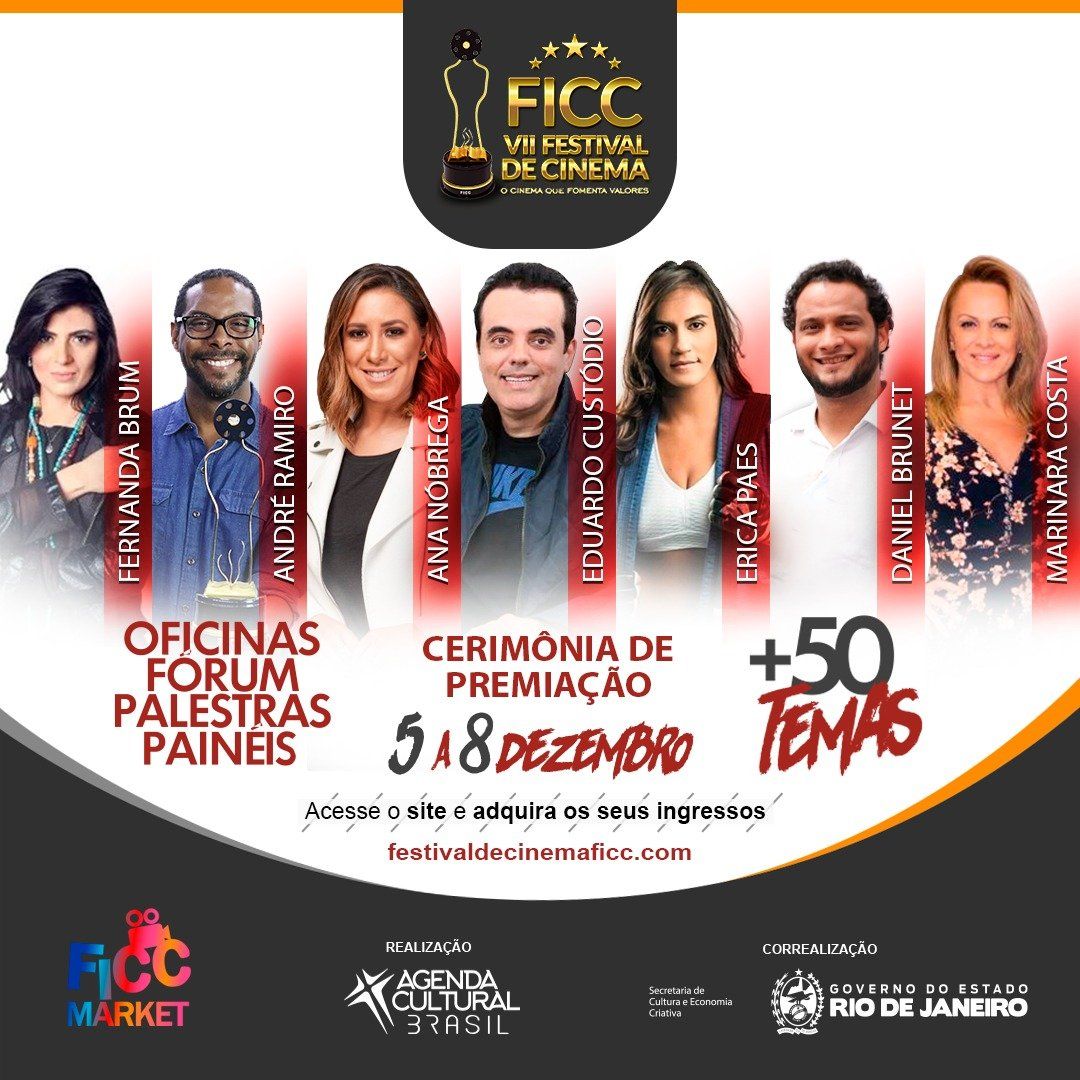 Um grupo de pessoas está de pé, uma ao lado da outra, em um cartaz de um festival.