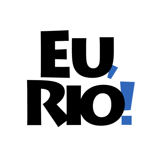 Um logotipo preto e azul que diz eu rio