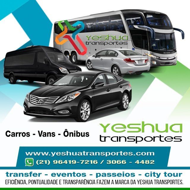 Um anúncio da yeshua transportes mostra carros vans e ônibus