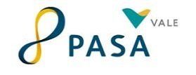 Logotipo para PASA e Vale. Símbolo do infinito em azul e amarelo, formato de pássaro em verde-azulado e texto.