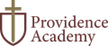 Providence Academy logo with maroon text and a shield topped by a cross