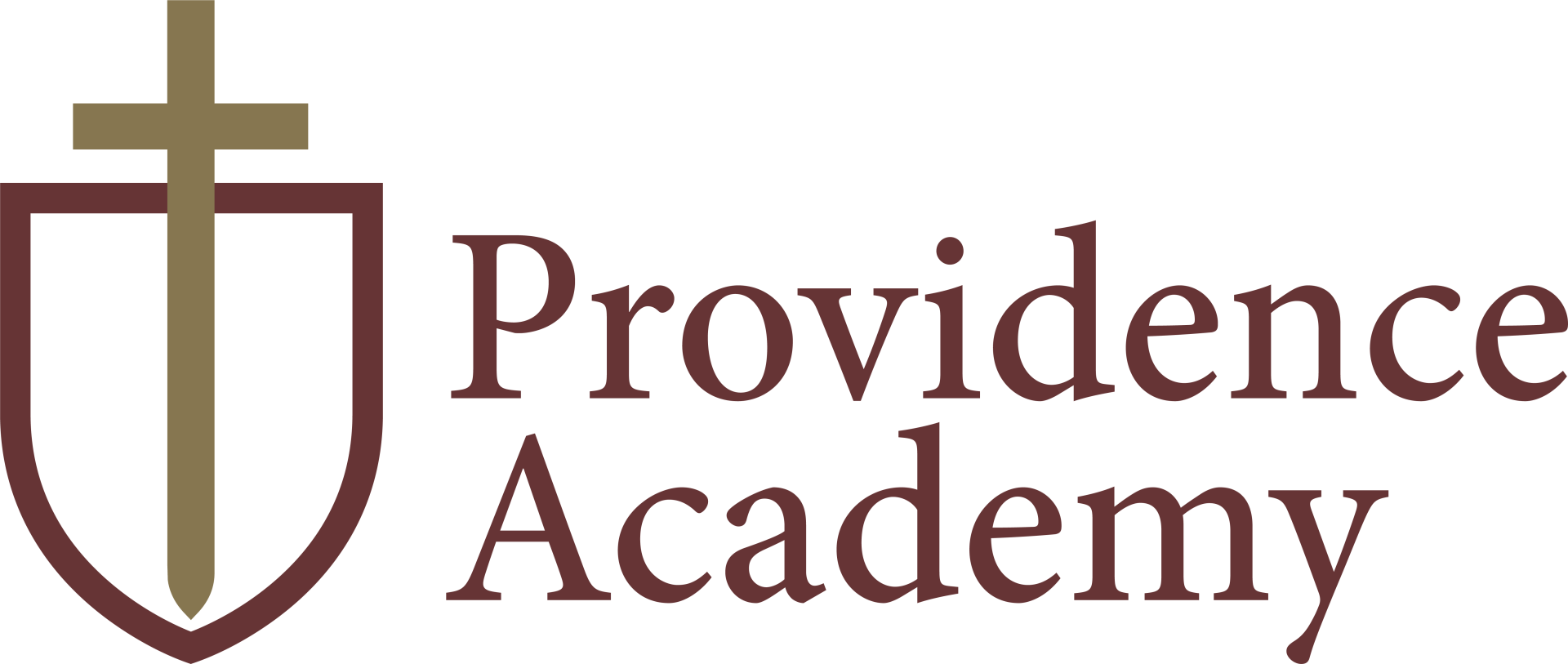 Providence Academy logo with maroon text and a shield topped by a cross