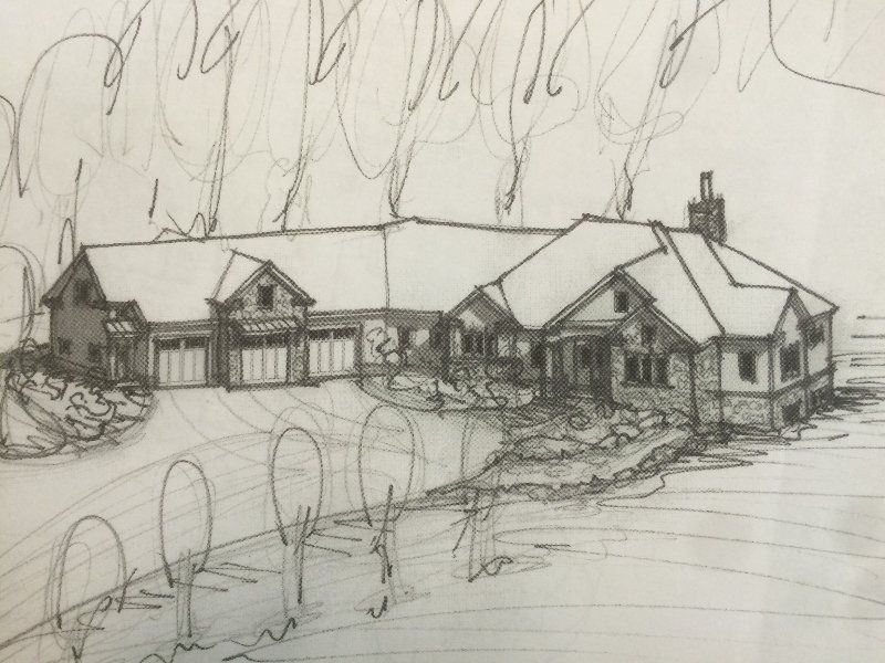 A black and white drawing of a house with trees in the background