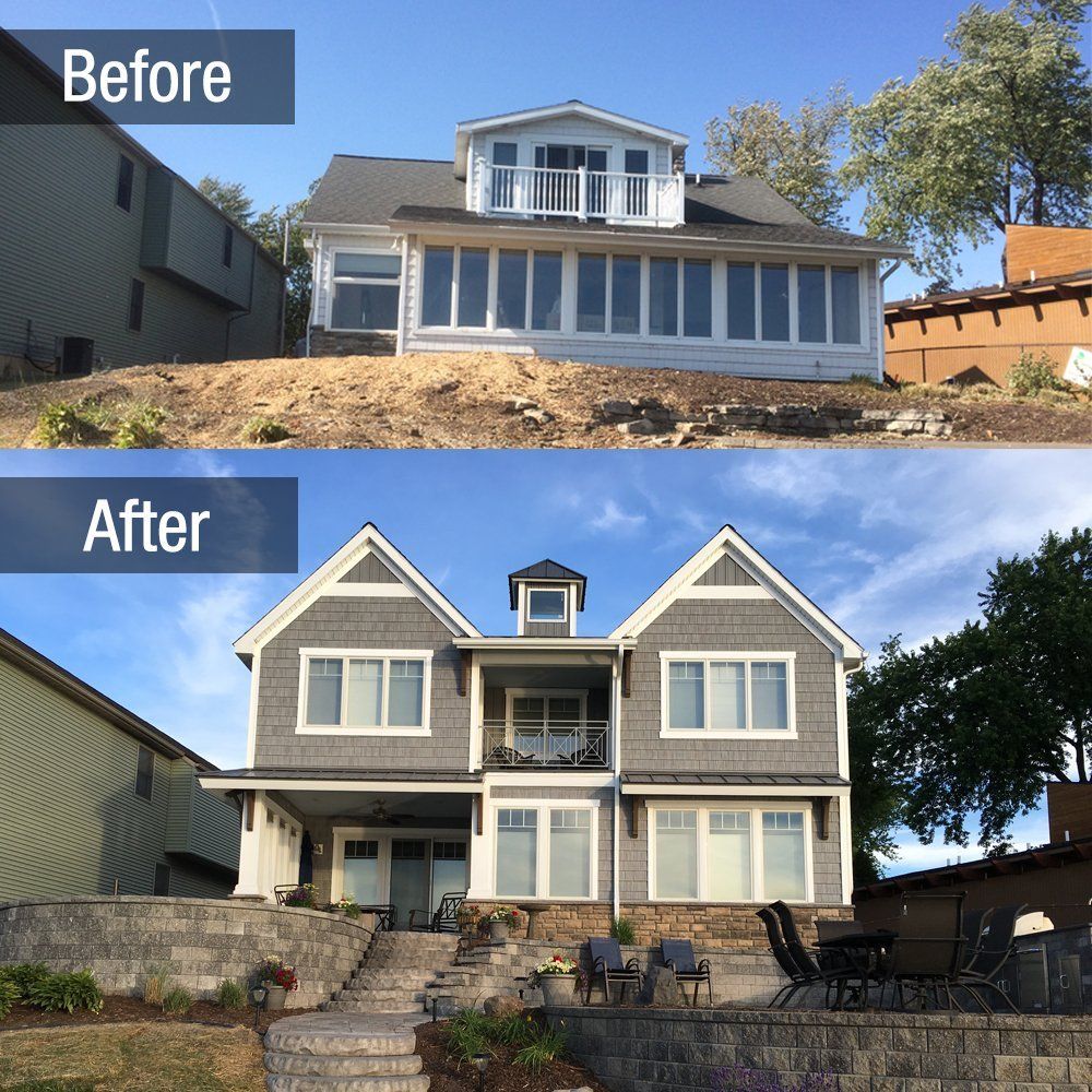A before and after photo of a house