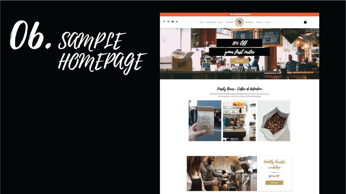 A screenshot of a sample homepage for a coffee shop.
