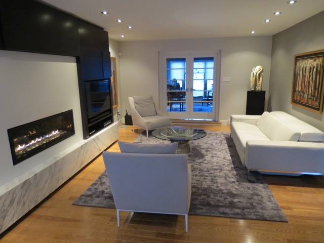 sous-sol avec planchers de bois brillant et foyer moderne