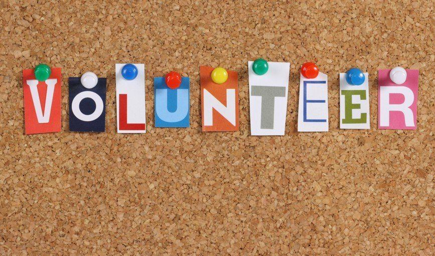 The word Volunteer on a cork notice board