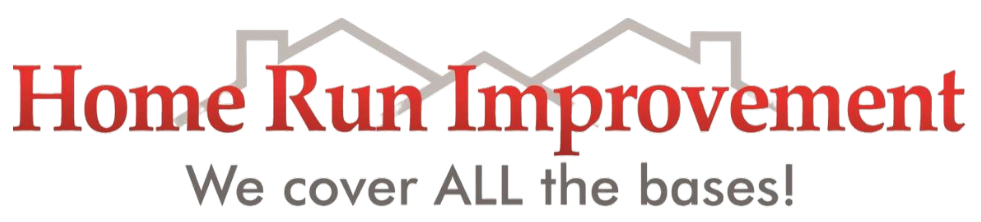 Logo for Home Run Improvement featuring red text and a gray outline of a house roof, with the slogan