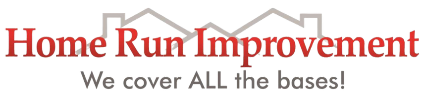 Logo for Home Run Improvement featuring red text and a gray outline of a house roof, with the slogan