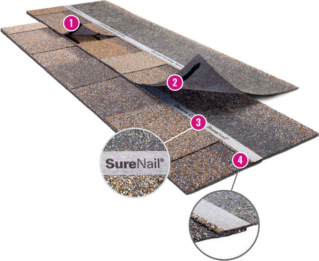 Roofing shingle installation diagram with numbered steps and close-up of SureNail adhesive strip