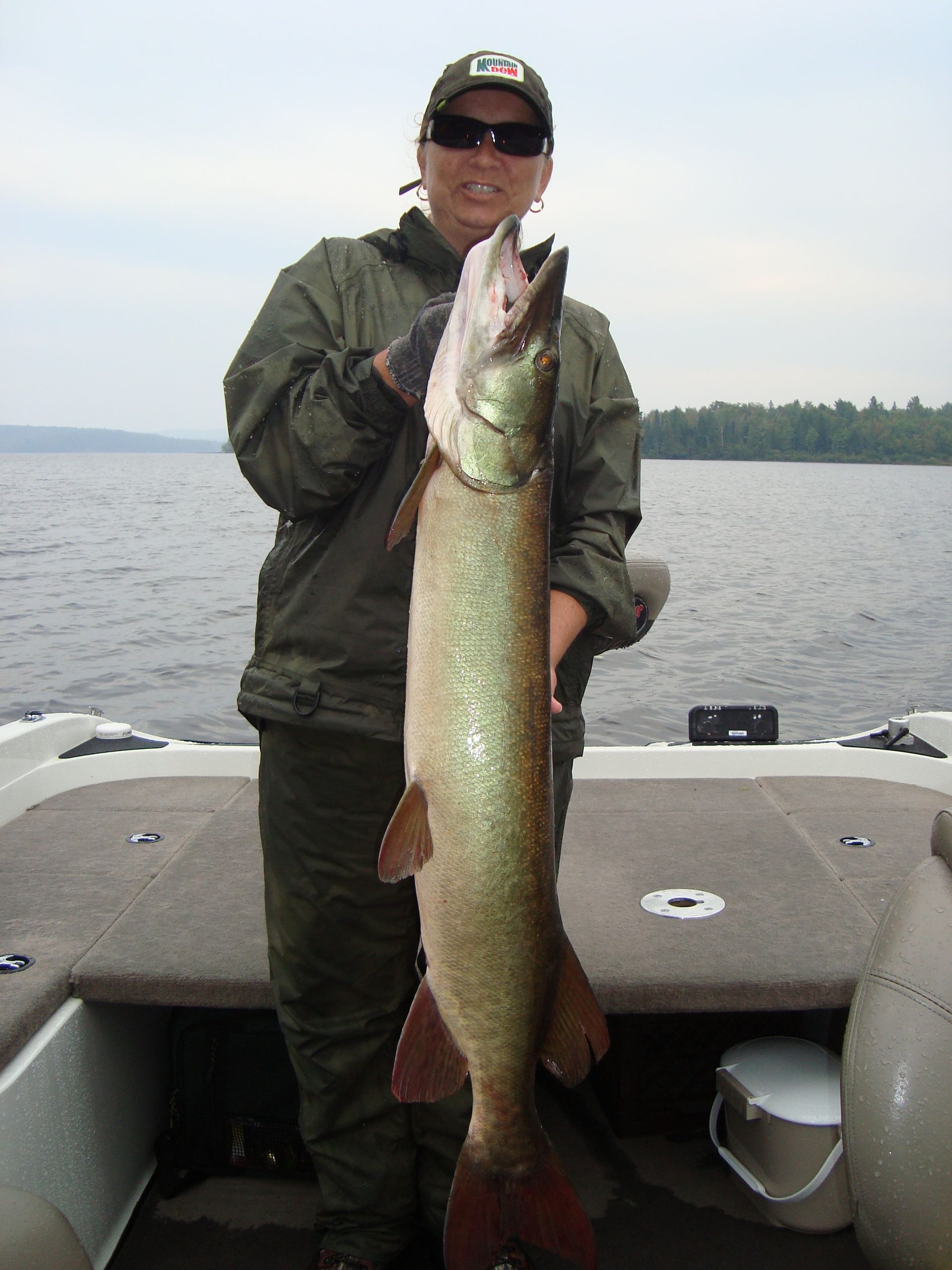 A woman is holding a large fish on a boat