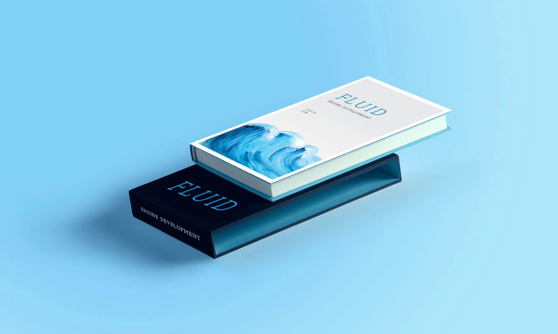 Two books, one white and one dark blue, stacked on a light blue background. The top book has a wave design.