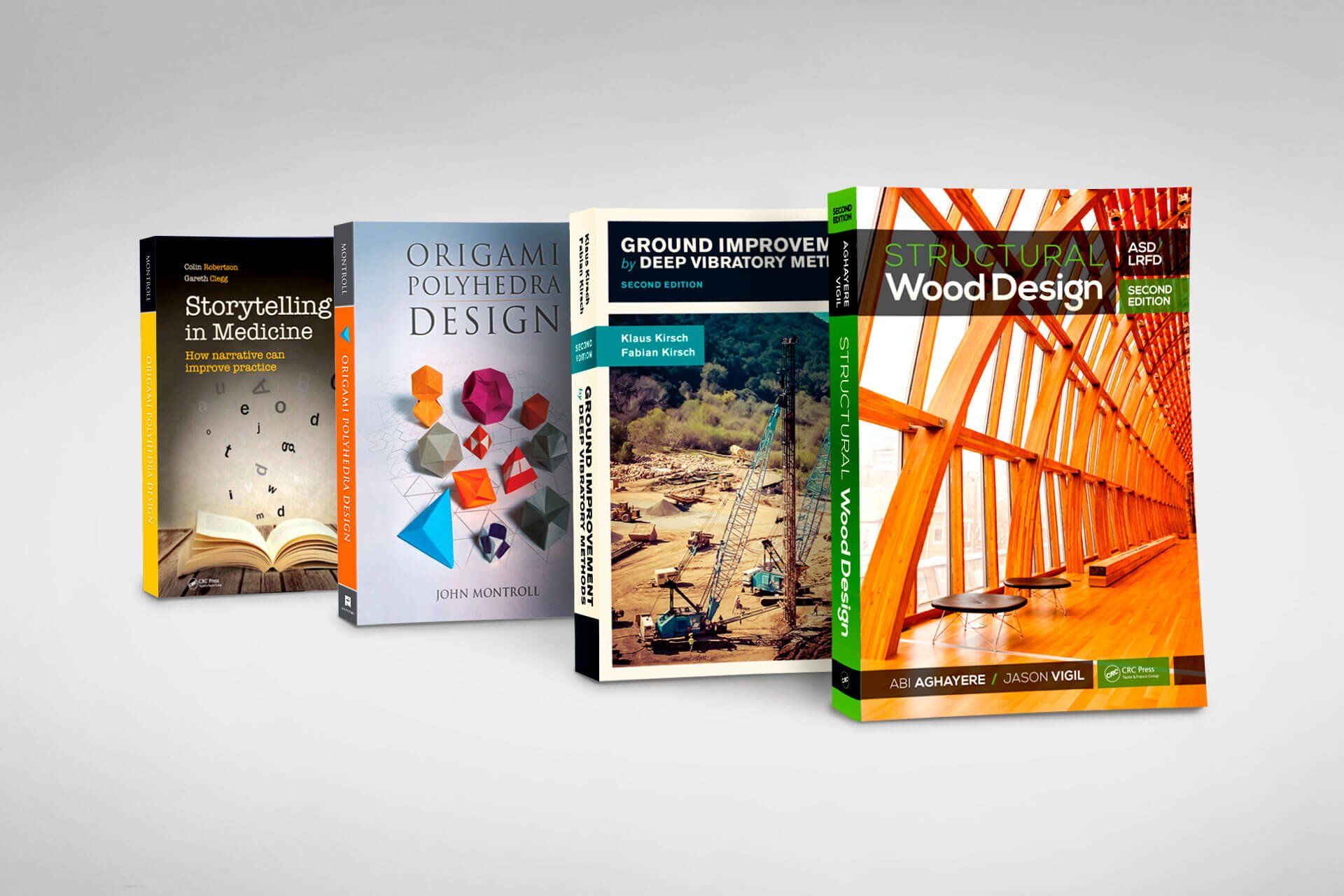 Four books on a light gray background. Covers feature text and images; colors include black, blue, green, and orange.