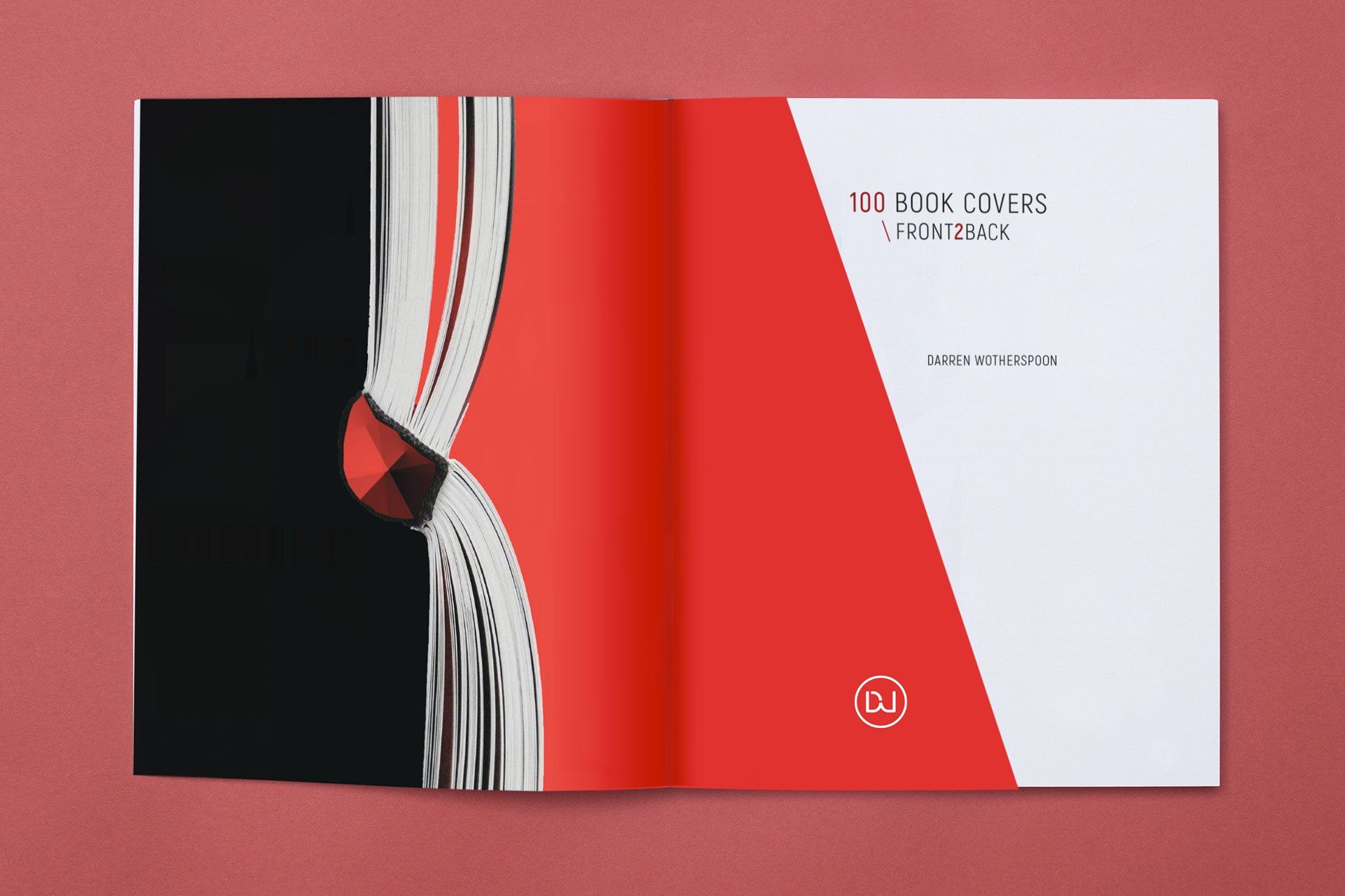 Open book with red and black graphic design. Text: