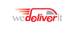 We deliver it logo with gray and red text and stylized red delivery lines