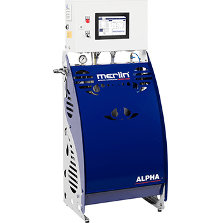 A blue Merlin VISCORE industrial humidification system mounted on a base stand, featuring a digital touchscreen display panel
