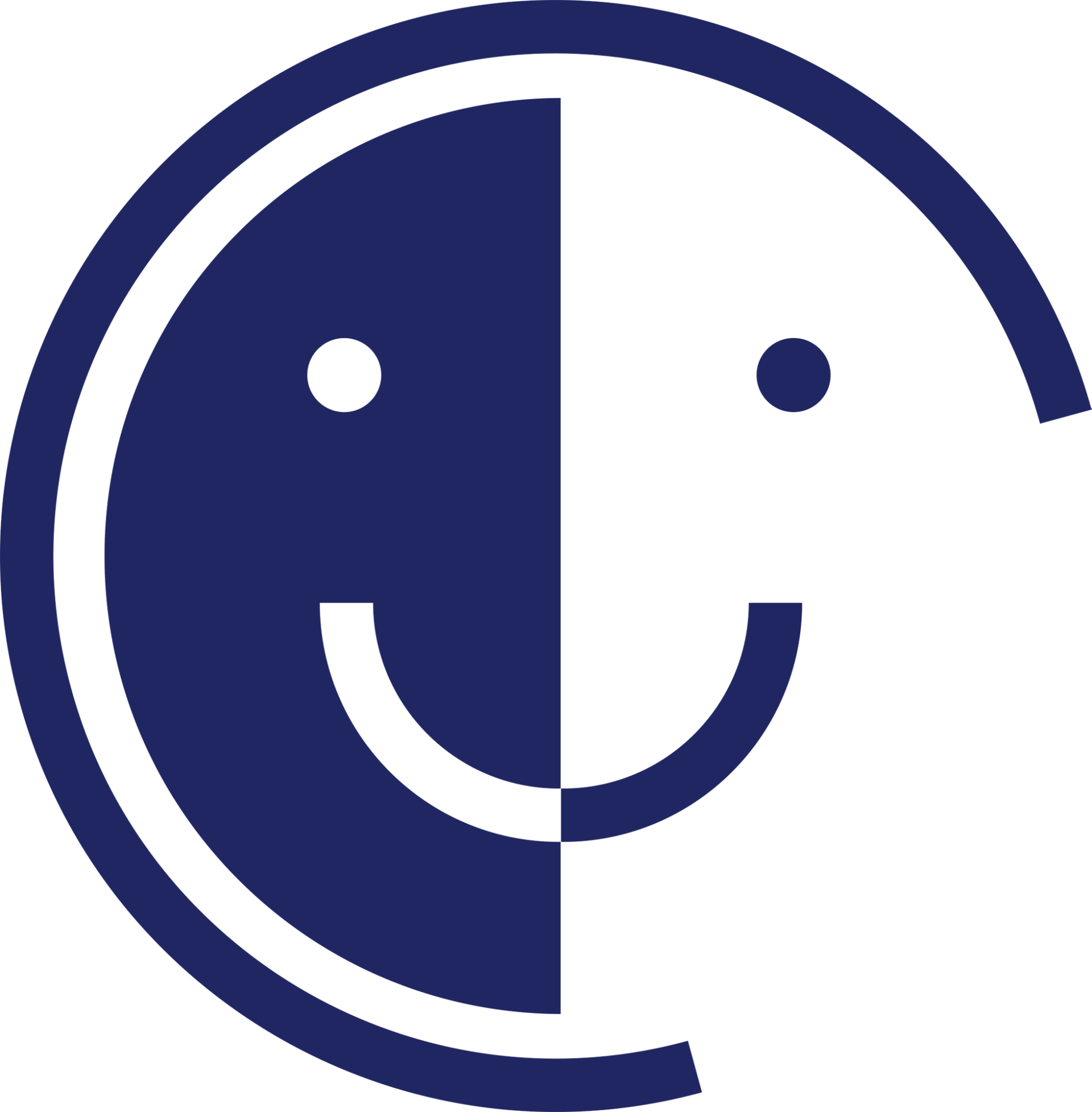 A minimalist, two-tone blue and light grey icon of a smiling face split vertically down the middle, with inverted colors on each side forming a circular emblem.