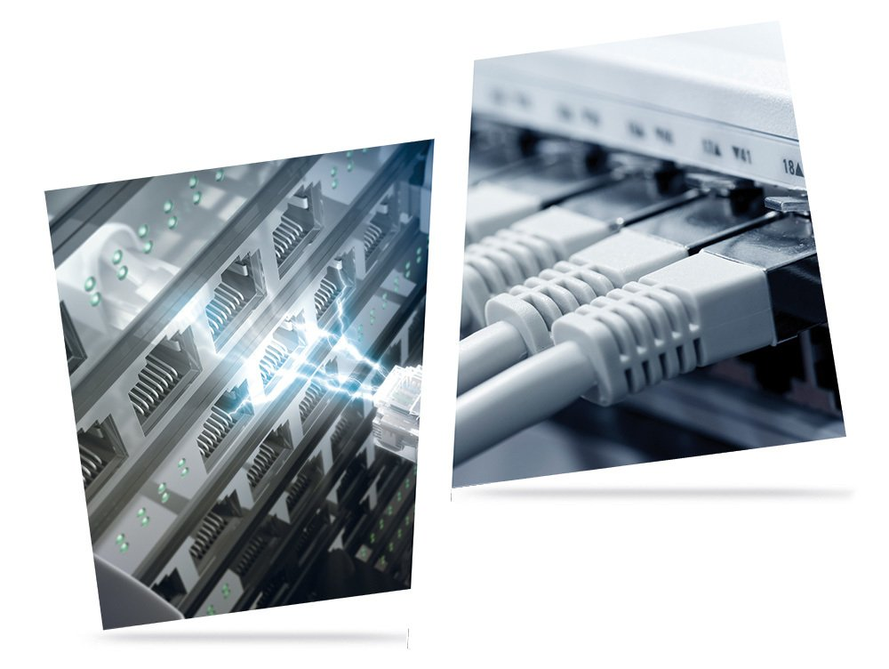 Two side-by-side images showing network equipment: the left image highlights a patch panel with glowing blue electrical sparks near an ethernet port, while the right image shows grey network cables plugged into a switch.