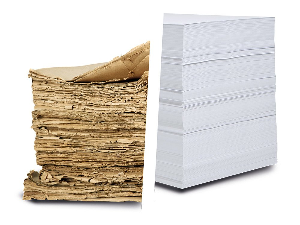 A side-by-side comparison of paper stacks, featuring a weathered, tattered stack of brown paper on the left contrasting with a neat, crisp stack of white paper on the right.