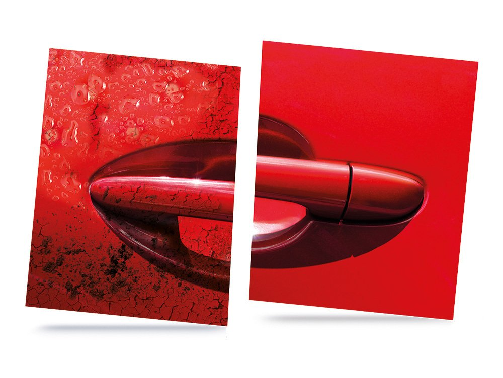 A side-by-side comparison of a red car door handle, highlighting the contrast between severe paint weathering—showing water spots, cracked clear coat, and dirt—and a smooth, restored finish.