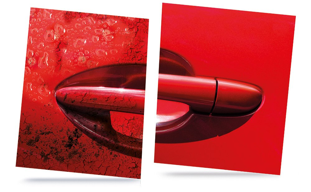 A side-by-side split image of a red car door handle, contrasting a weathered, cracked, and dirty paint finish on the left with a smooth, glossy, and restored finish on the right.