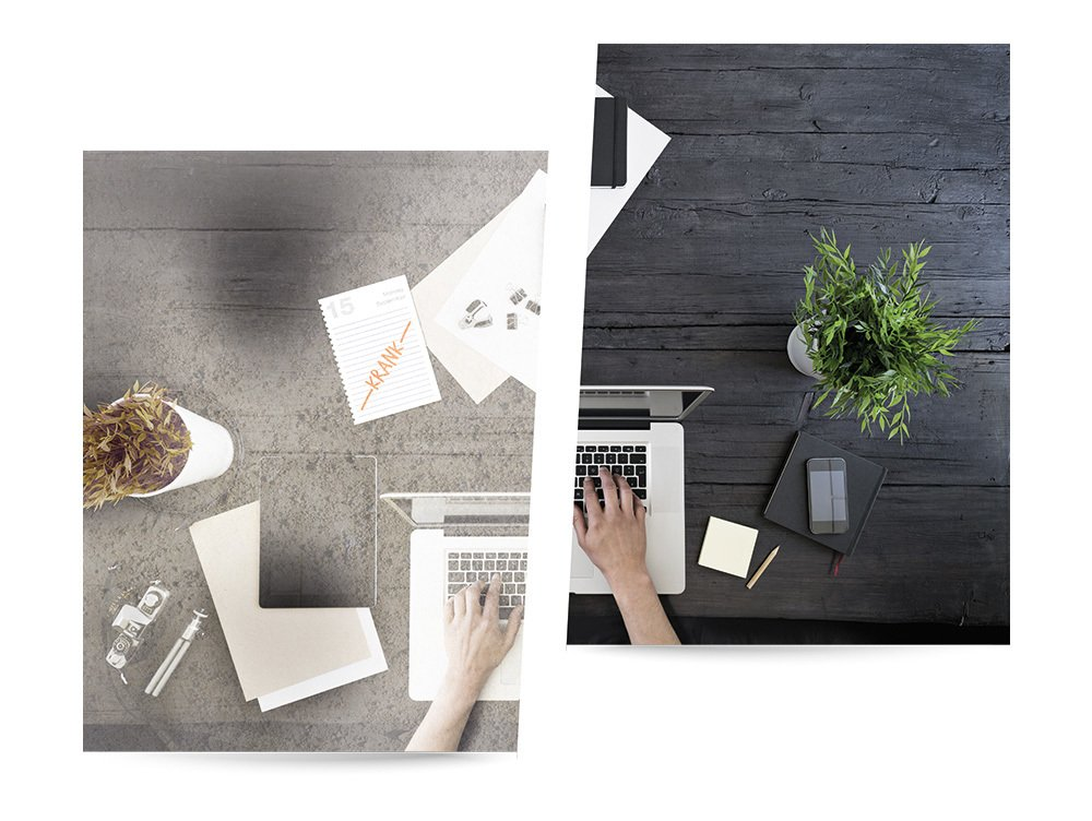 Two side-by-side top-down views of modern office desks: the left shows a light grey workspace with a paper marked