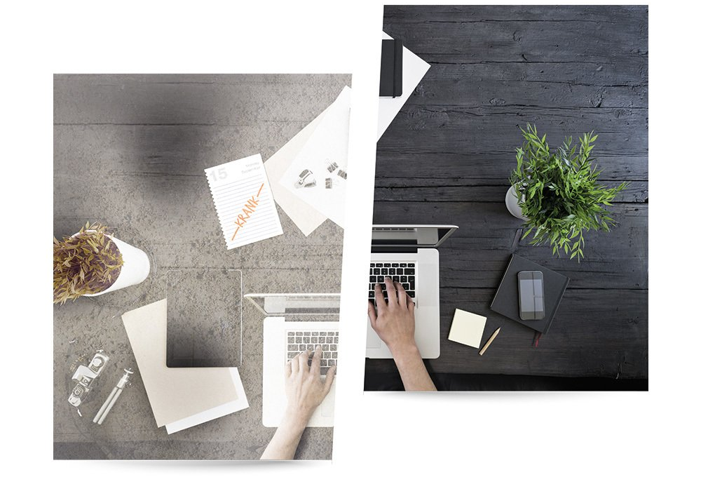 Two side-by-side overhead views of modern office workspaces, contrasting a muted, dusty-grey desk setup containing a note reading