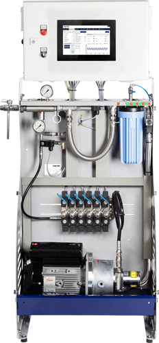 An industrial water treatment and humidification control station featuring a digital touchscreen display, high-pressure pump, filter housing, and multiple solenoid manifold valves.