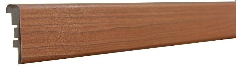 A close up of a wooden skirting board on a white background.