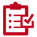 Red clipboard with a checklist and a checkmark.