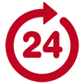 Red circle with arrow and number 24, indicating 24-hour availability.