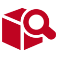 Red box with a magnifying glass, indicating package tracking or inspection.