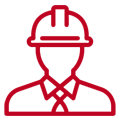 Red outline of a person wearing a hard hat, likely an engineer or construction worker.