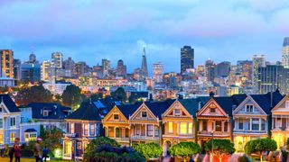 Famous painted ladies houses in San Francisco after sunset