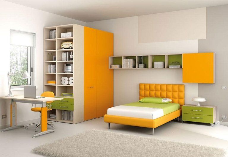 camera da letto per ragazzi con mobili dalle tinte gialle e verdi