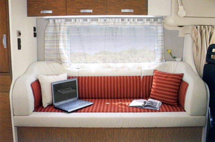 camper van sofa with red striped upholstery