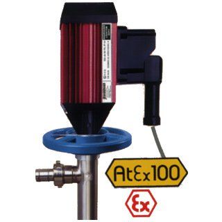 Rot-schwarze elektrische Pumpe mit blauem Ventil und ATEX 100-Zertifizierungszeichen.