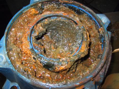 Korrodiertes Pumpenbauteil mit dicker Rostschicht und Ablagerungen im Inneren eines blauen Gehäuses.