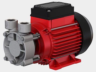 Rote und graue elektrische Pumpe mit schwarzem Motorgehäuse für den Flüssigkeitstransfer.