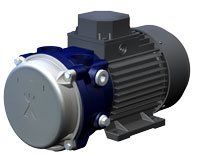 Wasserpumpe, blau-silbernes Gehäuse mit schwarzem Motor und Sockel.