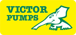 Logo für Victor Pumps: grüner Text und Elefantengrafik auf gelbem Hintergrund.