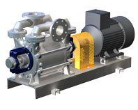 Industriepumpensystem mit silbernen Komponenten, blauen Akzenten und einem schwarzen Motor auf einem Metallsockel.