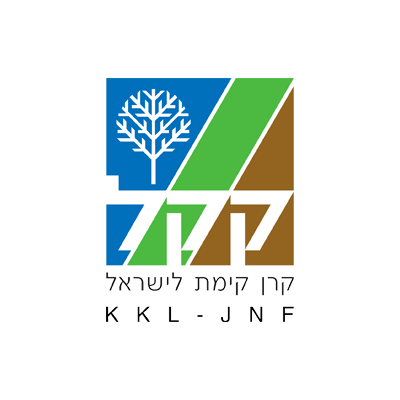 KKL-JNF logo with blue, green, and brown blocks, white tree icon, Hebrew text, and English initials below