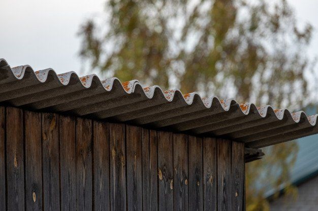 Corrugated asbestos roof edge on a weathered wooden shed, with blurred trees in the background