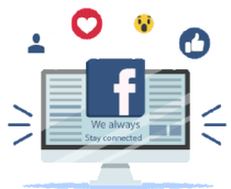 Computer screen with Facebook logo and icons for reactions, staying connected.
